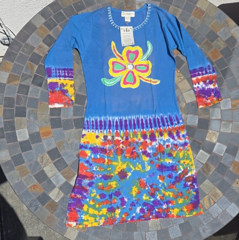 TLC Blue Tie-Dye Floral Appliqué Kids Dress